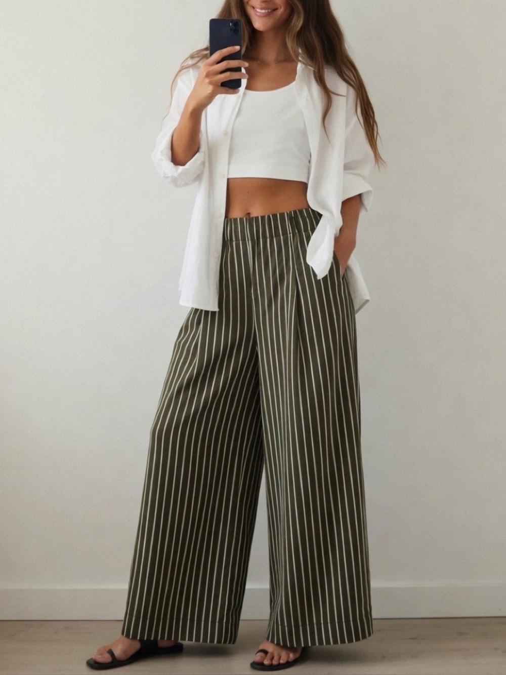 Banana Republic Olive Stripe Wide Leg Pull On Poplin Pants XS Tall NWT